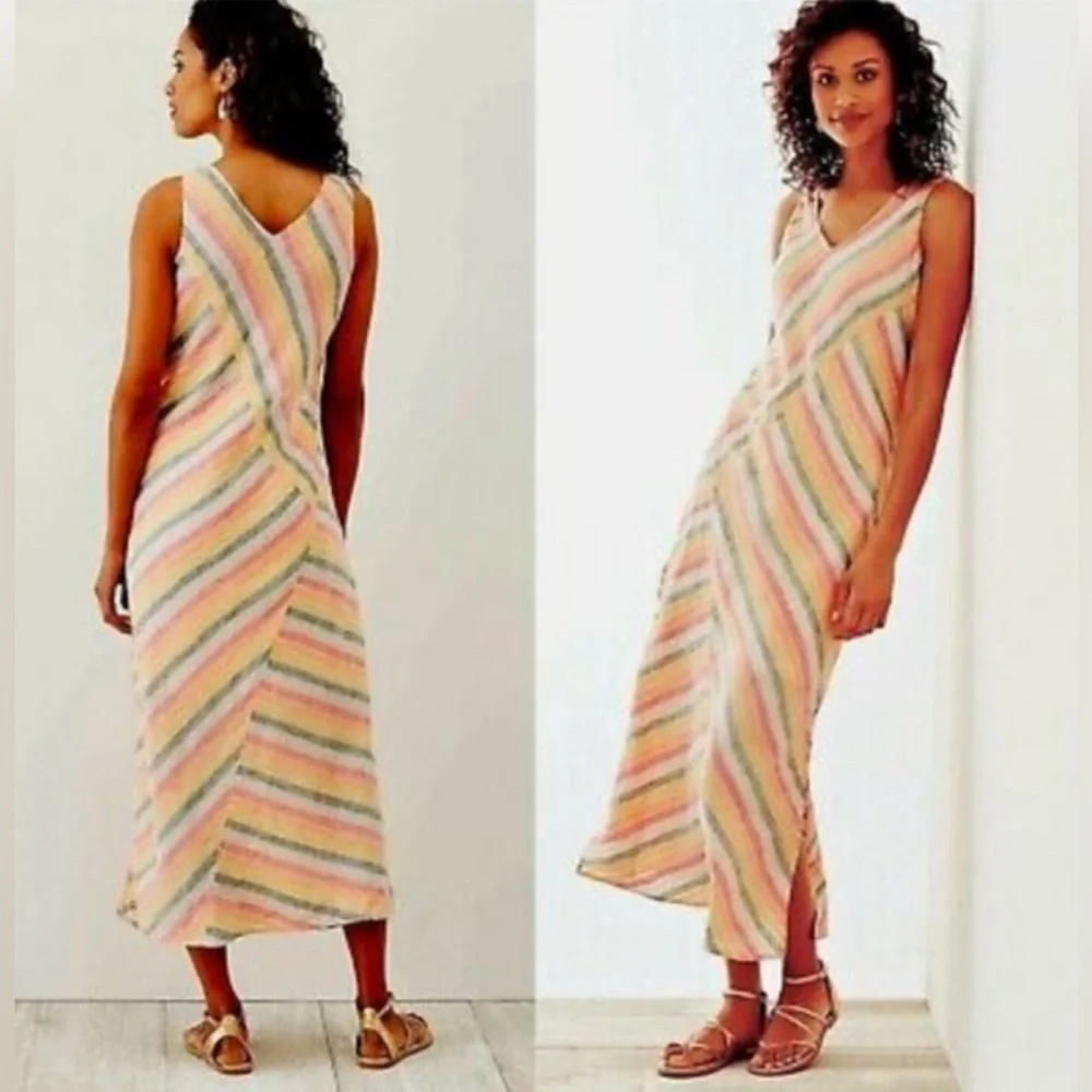 PURE JILL Pink, gray & yellow Linen sleeveless V neck maxi sundress size 3X - Picture 1 of 16